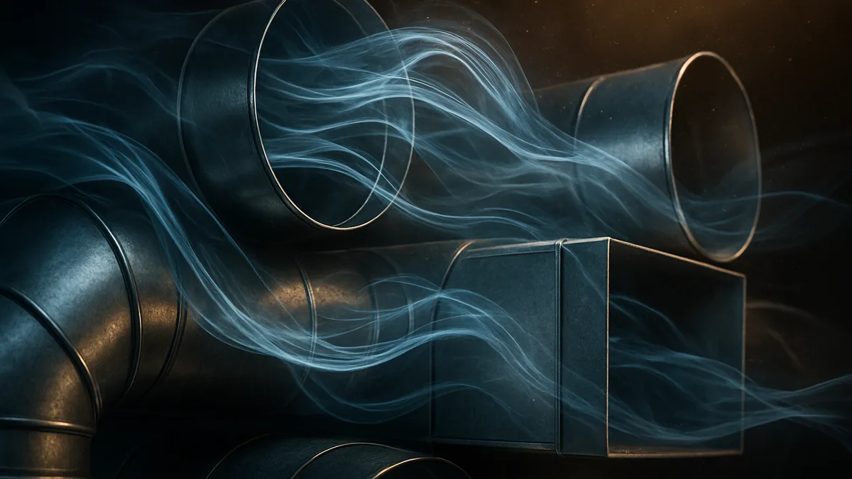 Abstract metallic ventilation ductwork with flowing air currents visualized in blue and white wisps