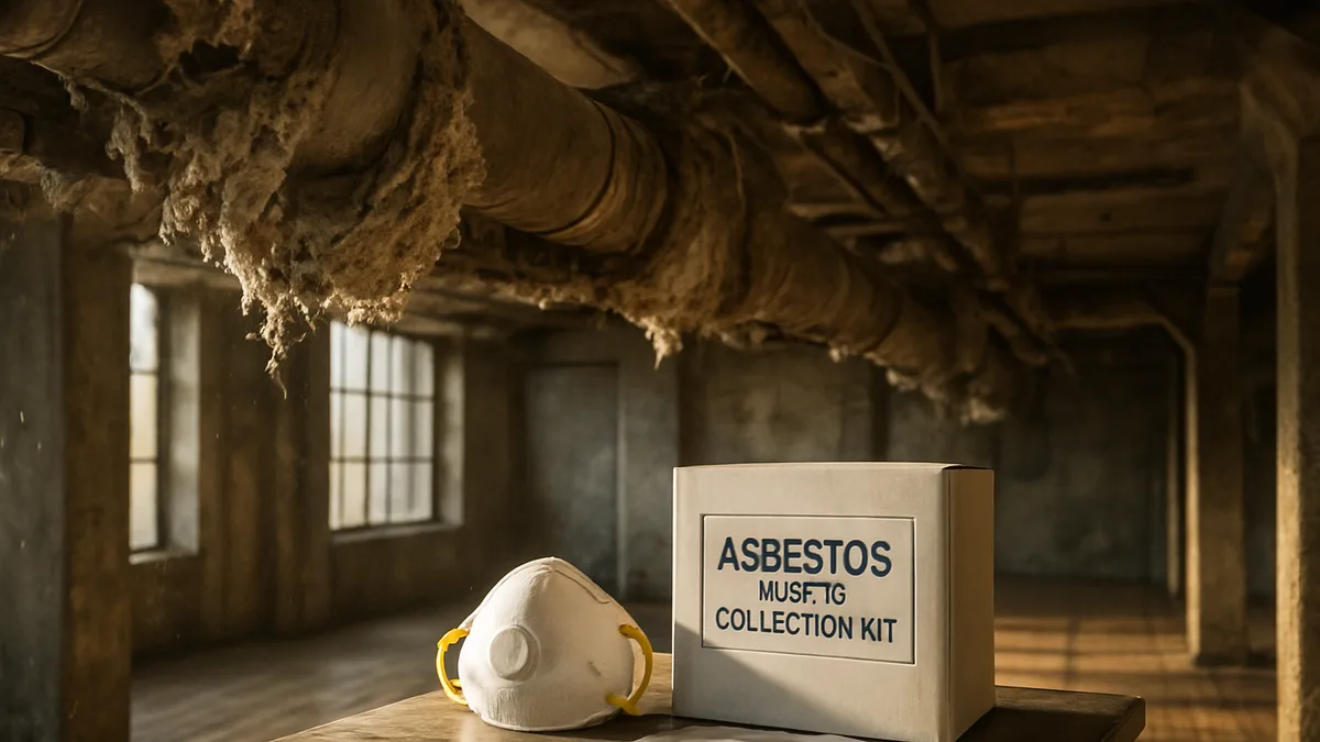Deteriorated asbestos insulation on building pipes and ceiling beams in an aged industrial interior with inspection equipment visible.