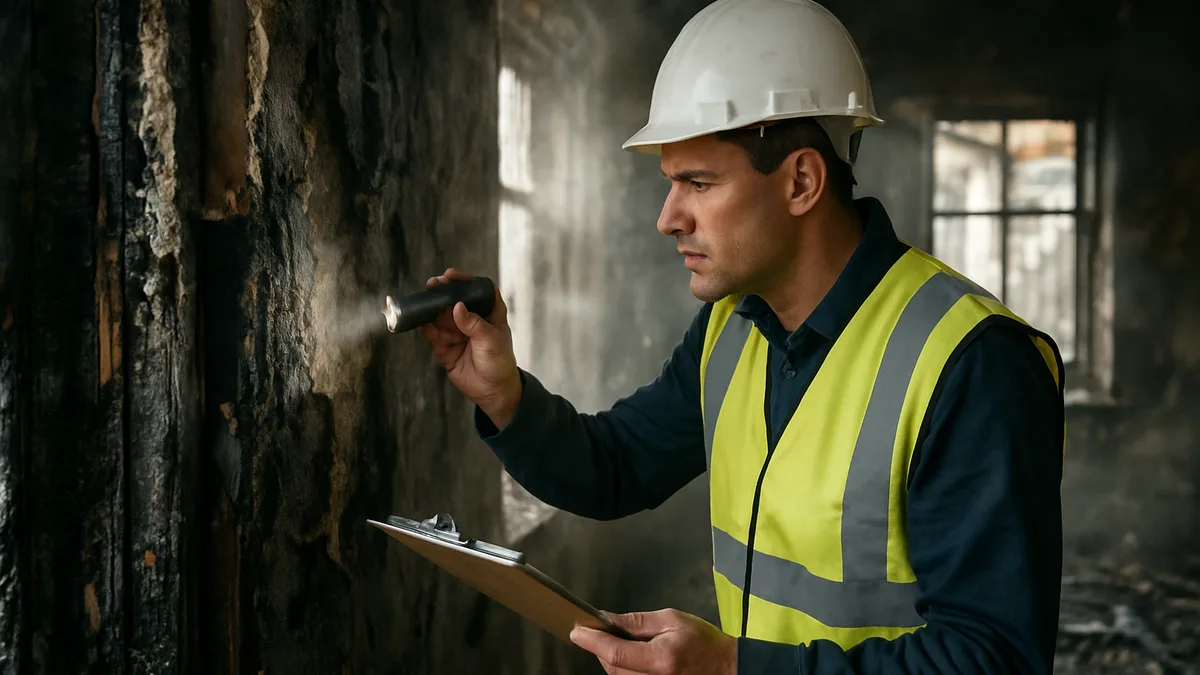 Inspector examining fire-damaged building structure, assessing burn damage and structural safety during damage assessment