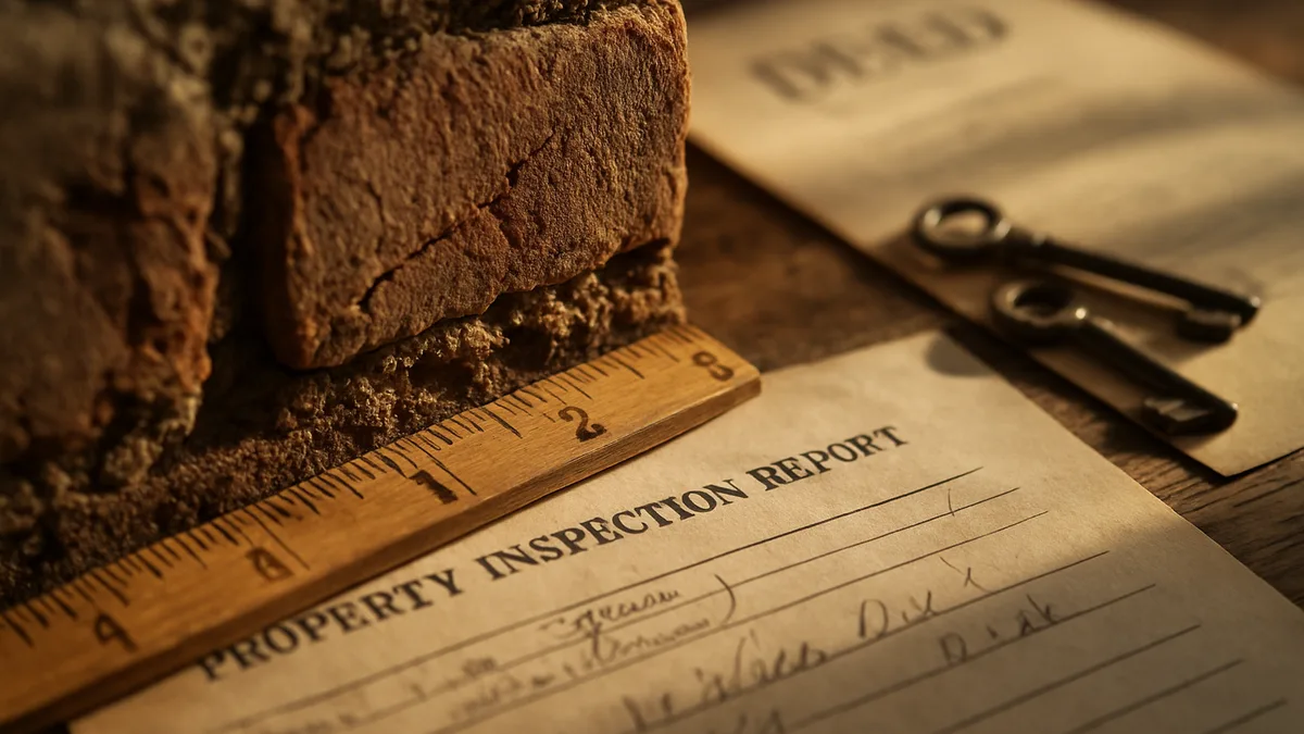Close-up of property inspection ruler measuring aged brick wall with inspection notes and heritage documents.