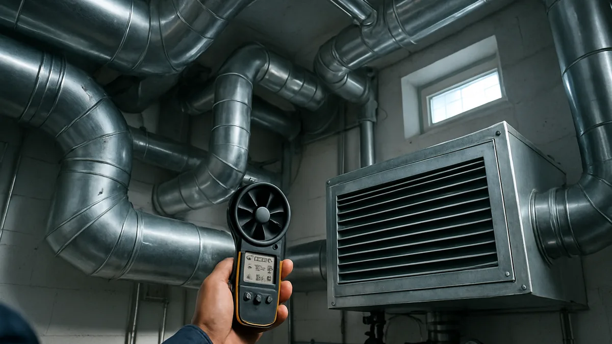 Modern residential ventilation system in mechanical room with exposed ductwork and air vents ready for inspection.