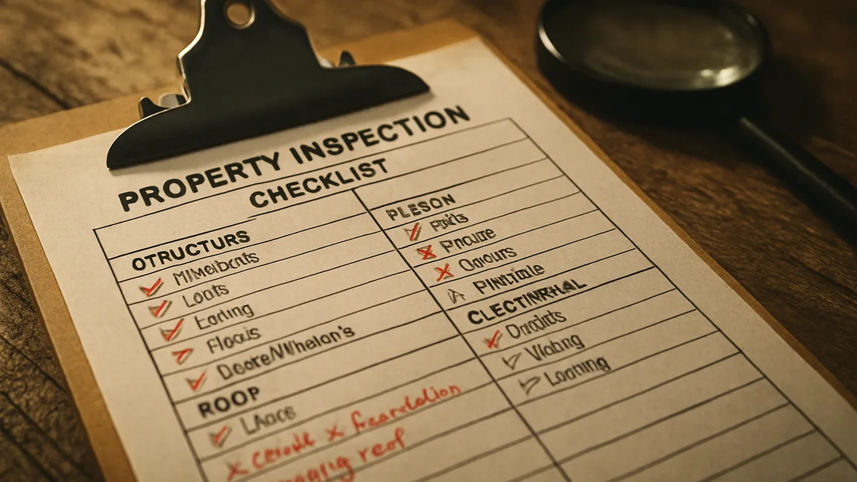 Close-up of inspection clipboard with checklist and red pen marks on weathered wood surface