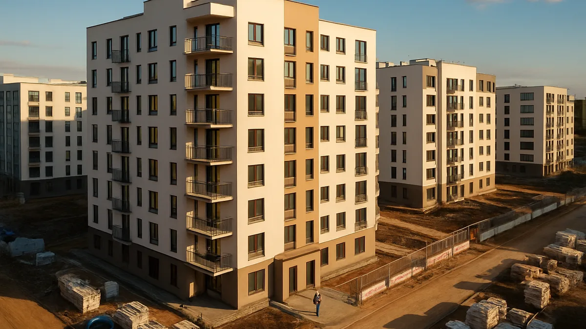 Aerial drone view of newly constructed apartment buildings with inspector conducting site inspection at ground level during daylight.