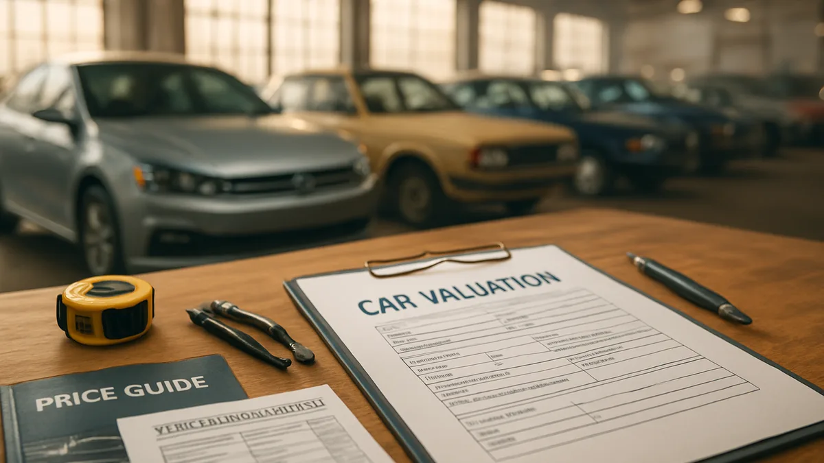 Modern car workshop with valuation documents and inspection tools on workbench, vehicles in background