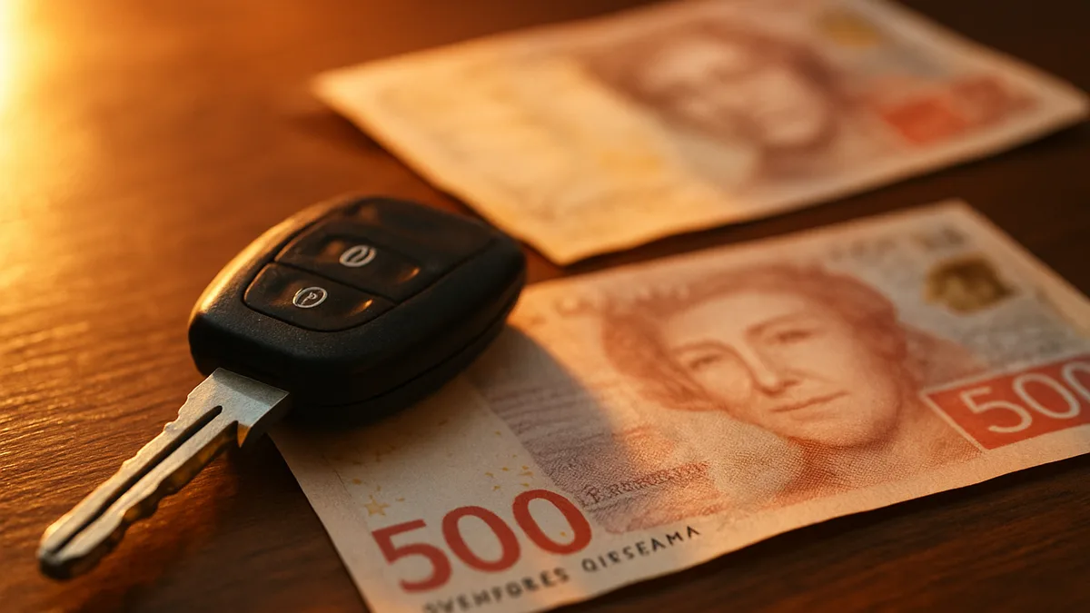 Close-up of a car key and banknote on a desk with warm lighting and shallow depth of field