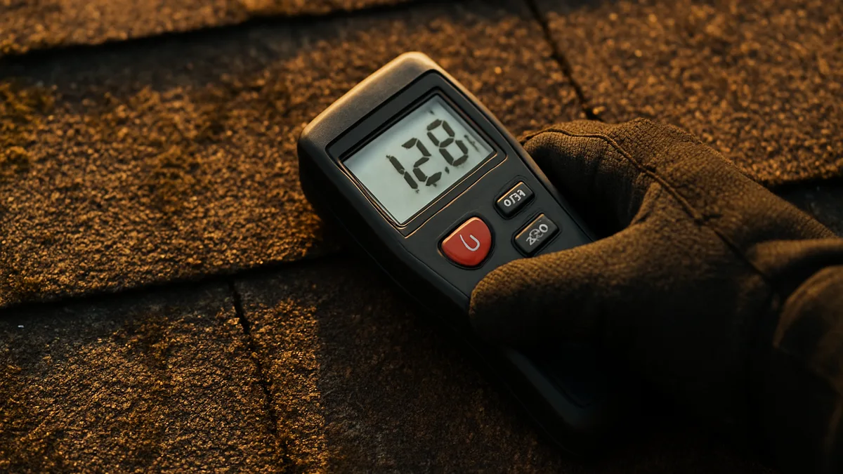 Close-up of moisture meter on damaged roof shingles with water stains and deterioration visible.