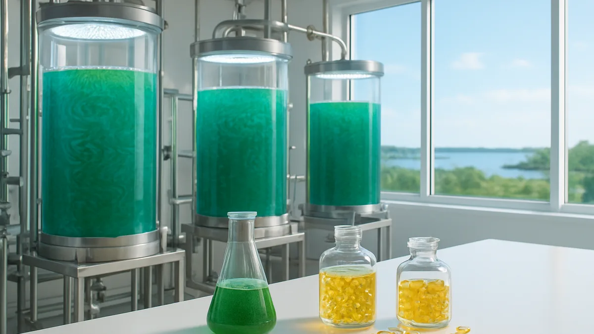 Modern algae cultivation lab with green microalgae tanks, omega-3 capsules, and coastal views