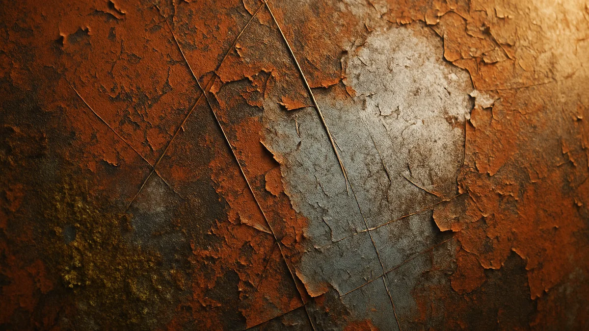 Textured close-up of weathered car paint with rust, scratches, and deterioration patterns illuminated by golden light.