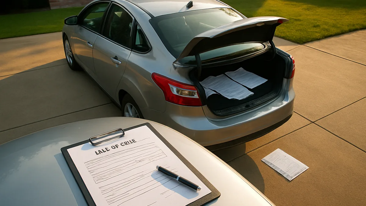 Residential driveway with silver sedan, open trunk showing documents, contract and pen on hood, morning sunlight, suburban house backdrop