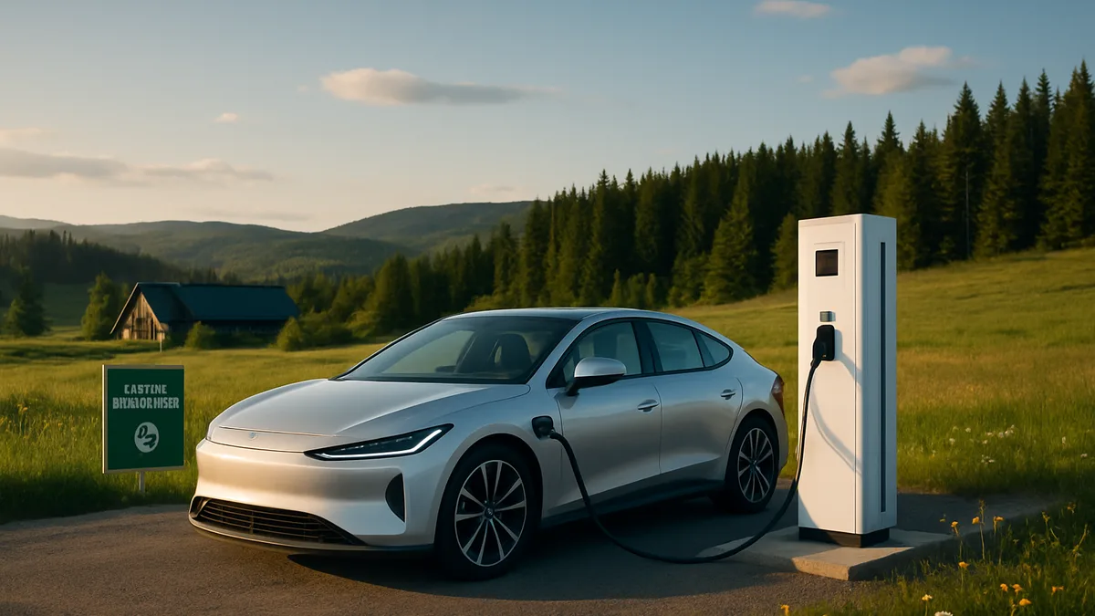 Modern EV charging station in Scandinavian landscape with electric car at sunset, surrounded by nature and green infrastructure.