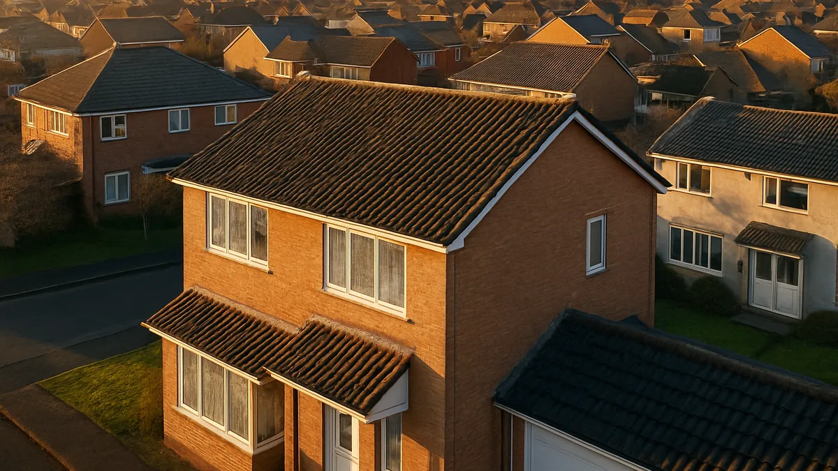 Bostadsområde uppifrån där ett hus visar fönster med imma och kondens jämfört med klara fönster på grannhusen