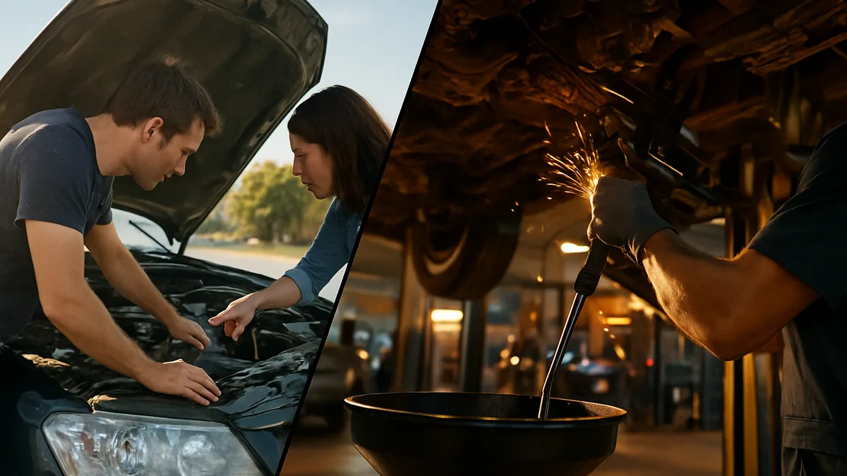 Split-screen showing private car inspection and professional dealership service work happening simultaneously.