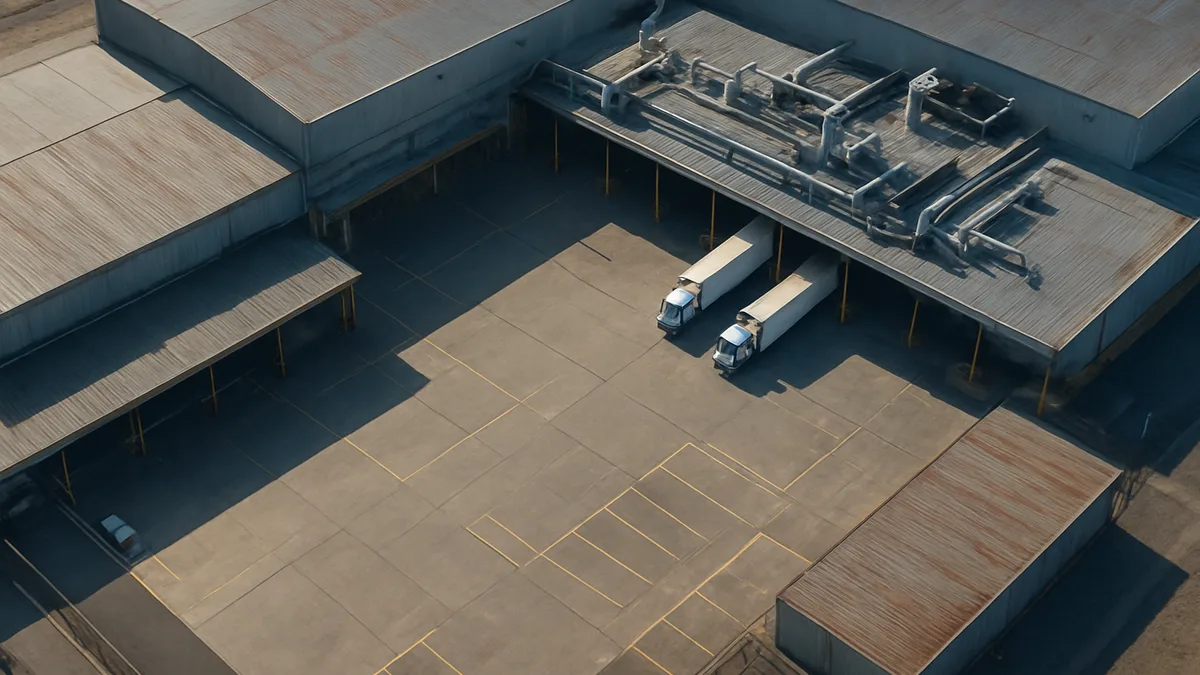 Aerial view of industrial manufacturing complex with multiple large steel warehouses, loading docks, and concrete yard from above
