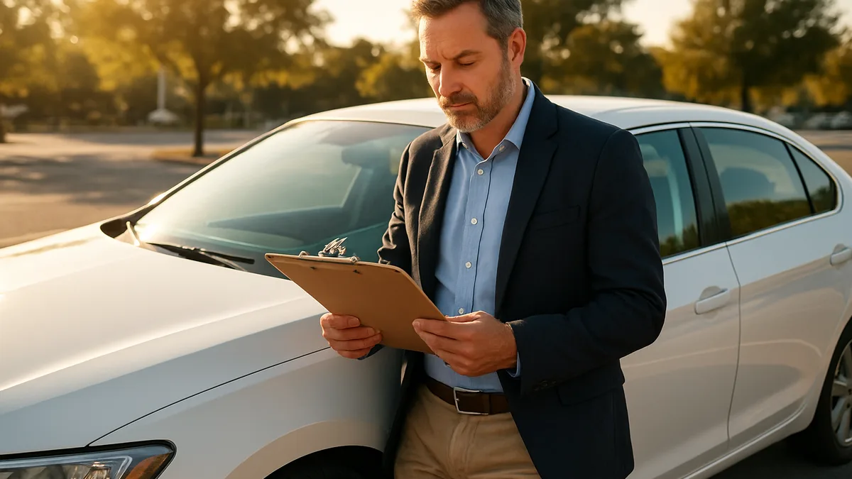 Man reviewing documents beside a clean car in natural sunlight, illustrating quick car sale process