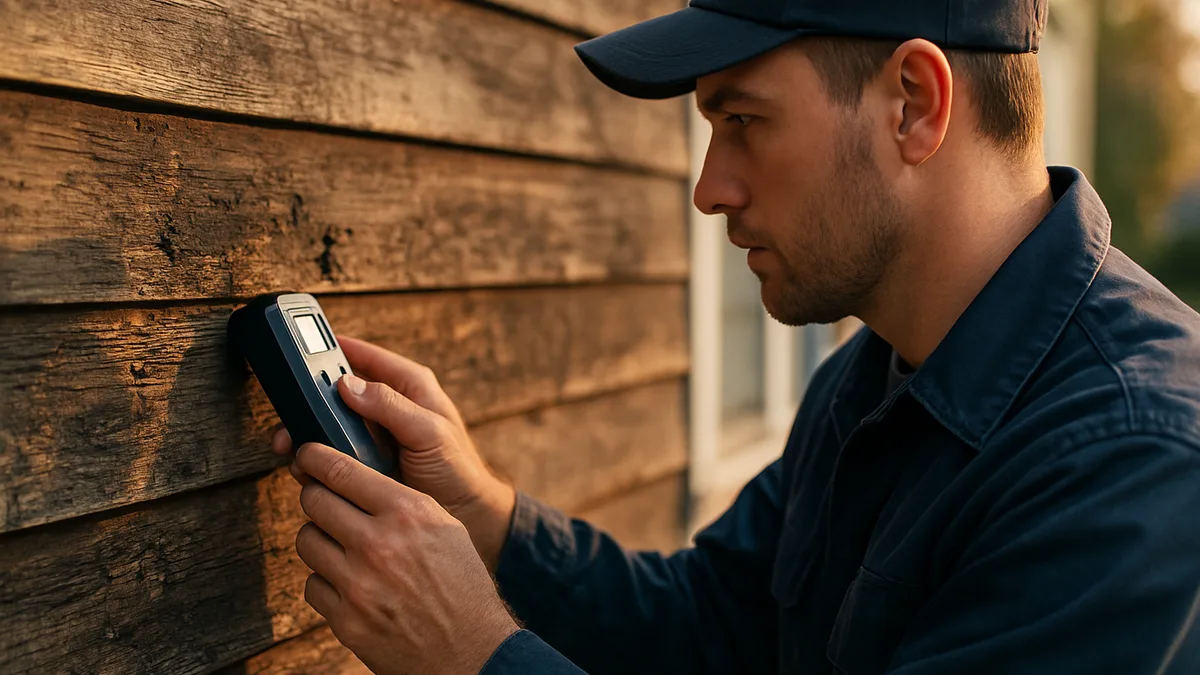 Inspector examining rotted wooden facade with moisture meter, visible wood damage and discoloration