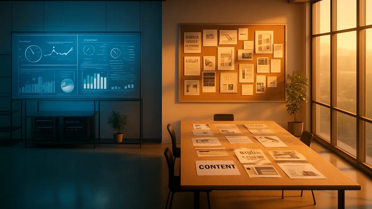 Two distinct workspace zones: technical SEO analytics area with blue lighting and content creation studio with warm lighting, overhead view.