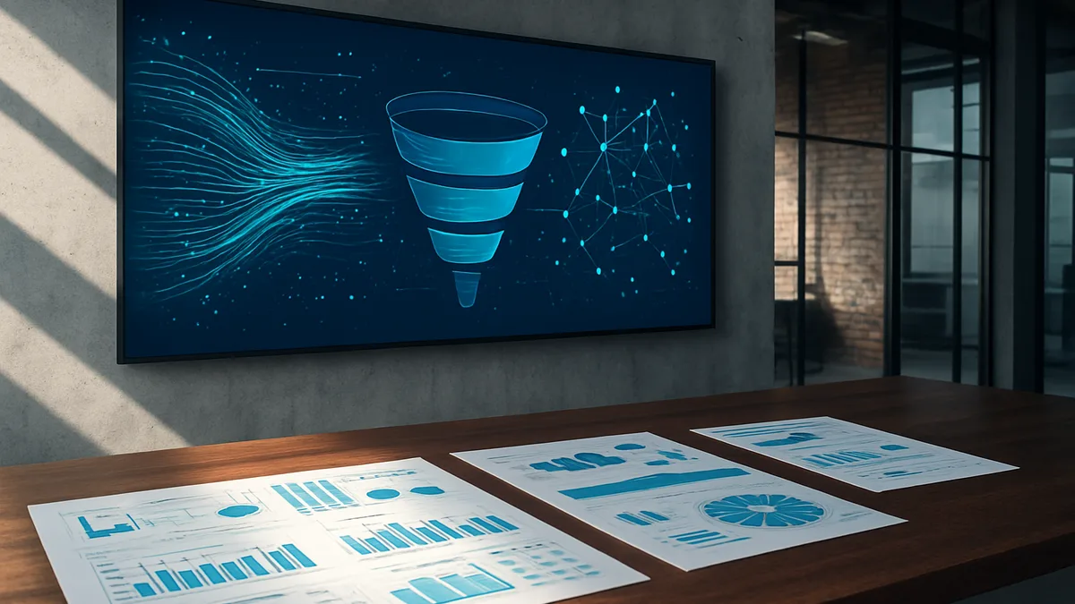 Modern B2B marketing agency workspace with illuminated data visualization wall and analytics documentation