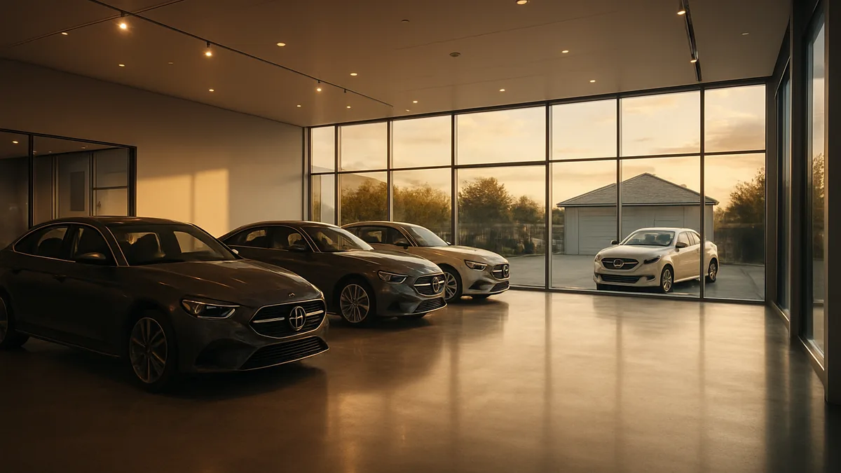 Modern car dealership showroom with vehicles on display contrasted against private driveway sale setup visible through windows.