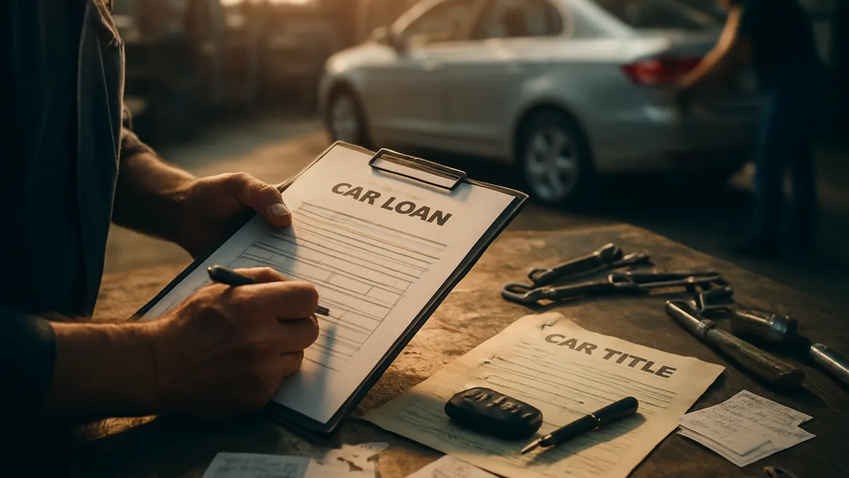 Hands signing car loan documents on workbench with keys and paperwork during vehicle transaction.