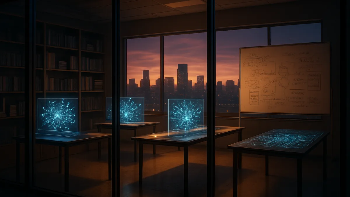 Modern AI lab at dusk with glowing neural network displays, technical books, and career roadmap sketches on collaboration board