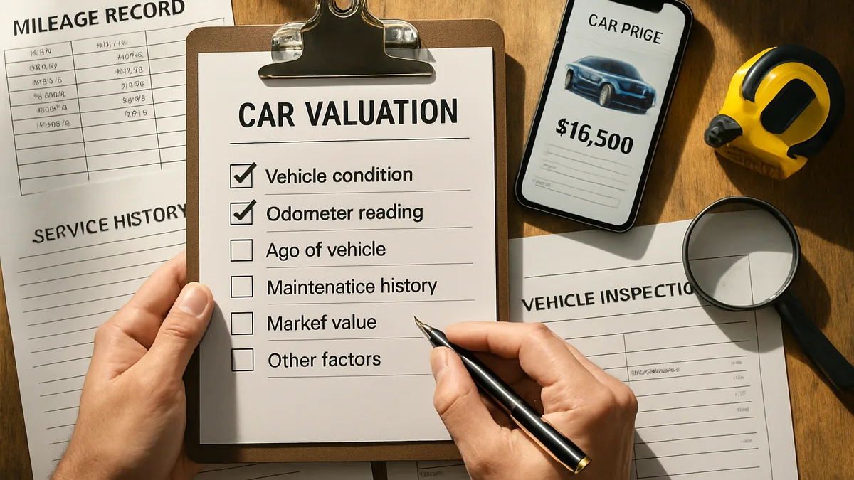 Hands reviewing car valuation documents and inspection checklist with mileage records and pricing app on table