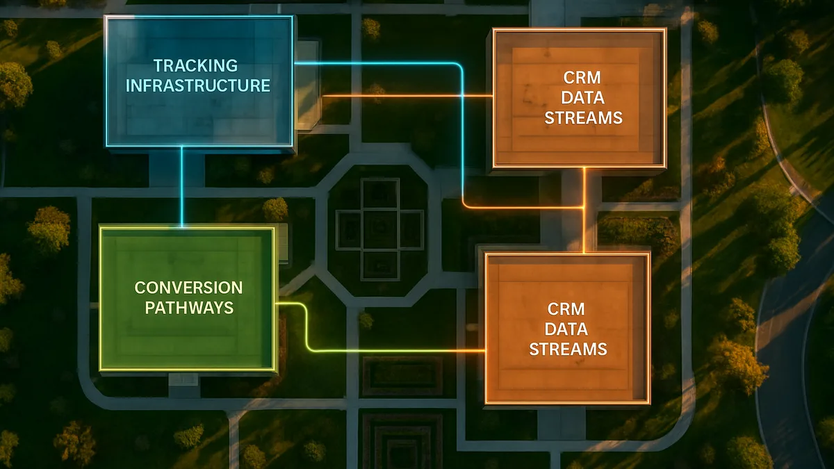 Aerial view of corporate campus with color-coded buildings connected by glowing data pathways representing B2B marketing ROI tracking systems.