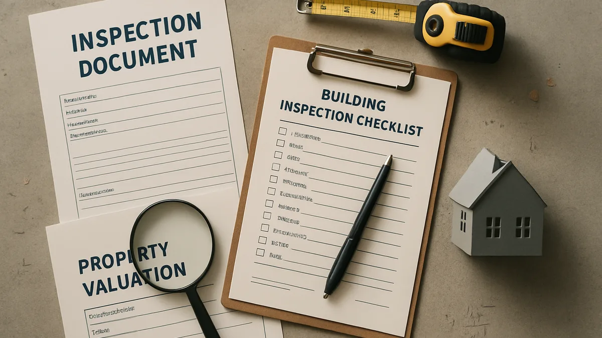 Still life of property inspection and valuation documents, measuring tools, and architectural model on concrete surface