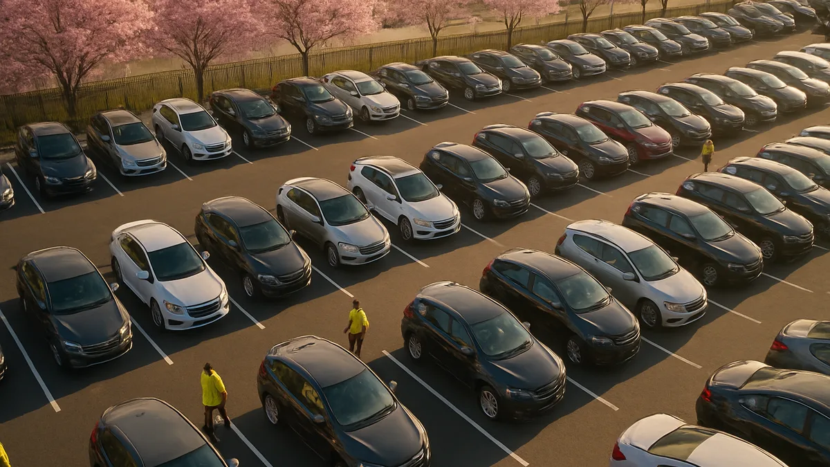 Aerial view of busy car dealership lot in spring with organized rows of vehicles, blooming trees, and active customers shopping.
