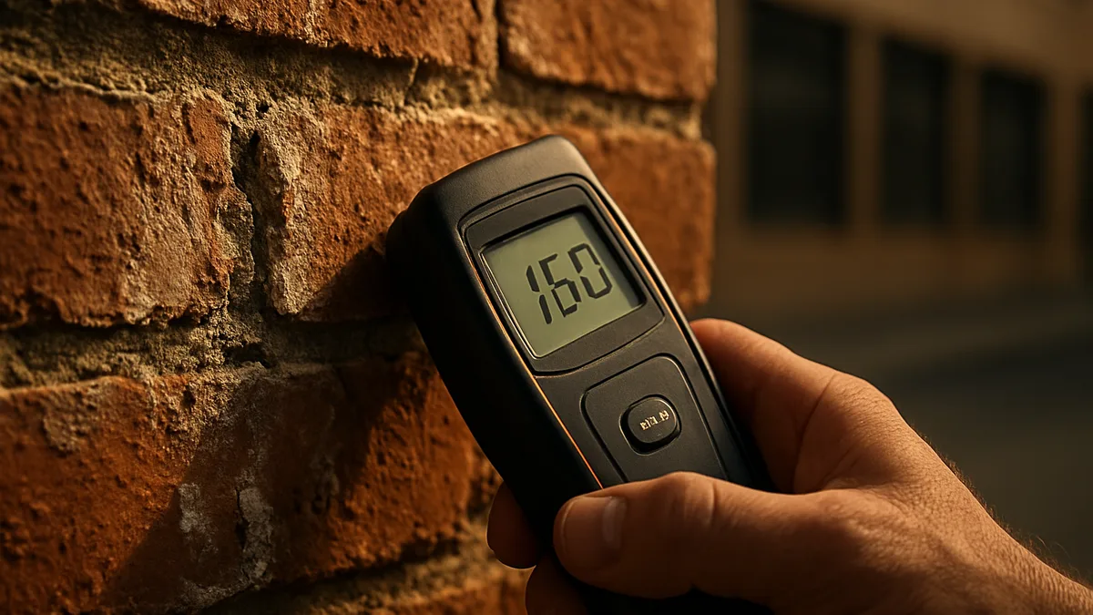 Close-up of moisture meter against commercial brick wall during property inspection