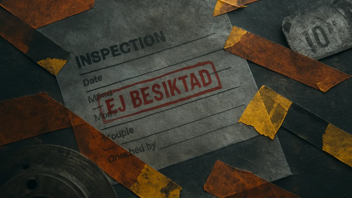 Abstract layered composition with car inspection elements, rust textures, and yellow safety patterns suggesting uncertainty in vehicle inspection status.