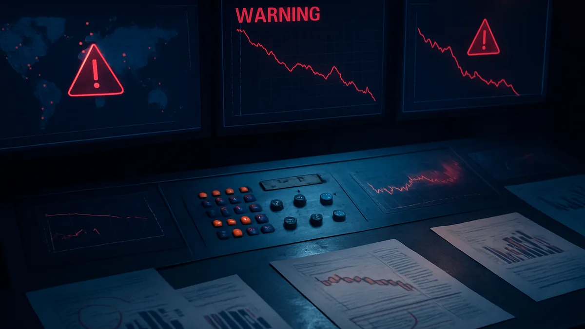 Overhead view of a high-tech monitoring dashboard with red alert lights and downward trending financial charts indicating campaign performance issues.