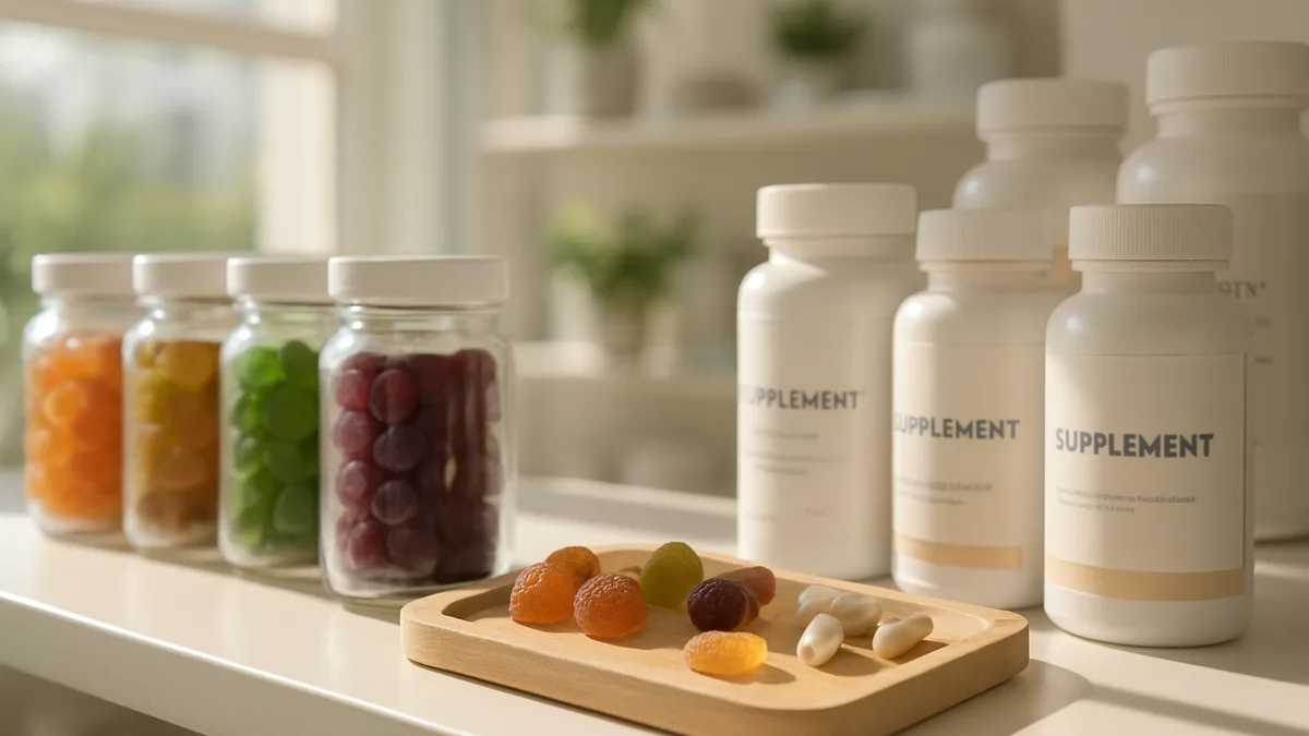 Vitamin supplement shelf comparing colorful gummies in jars with traditional pharmaceutical capsule bottles in natural light