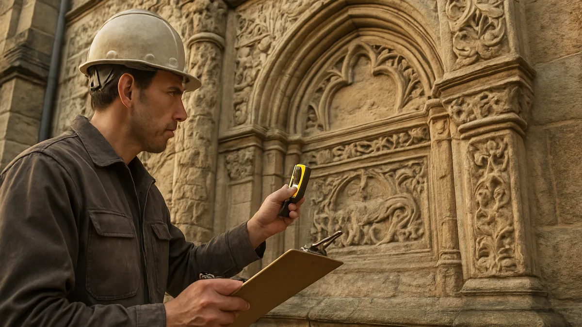 Heritage building inspector examining historic stone facade with clipboard and measurement tools in natural daylight.